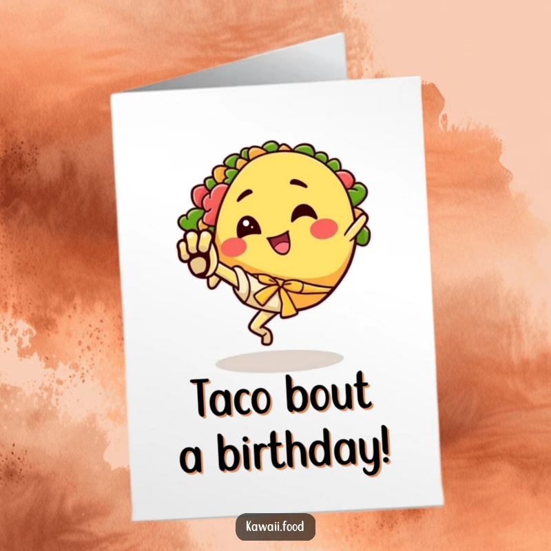 Funny Free Printable Birthday Card: Happy taco character with legs excitedly performs a karate kick, celebrating with gusto.