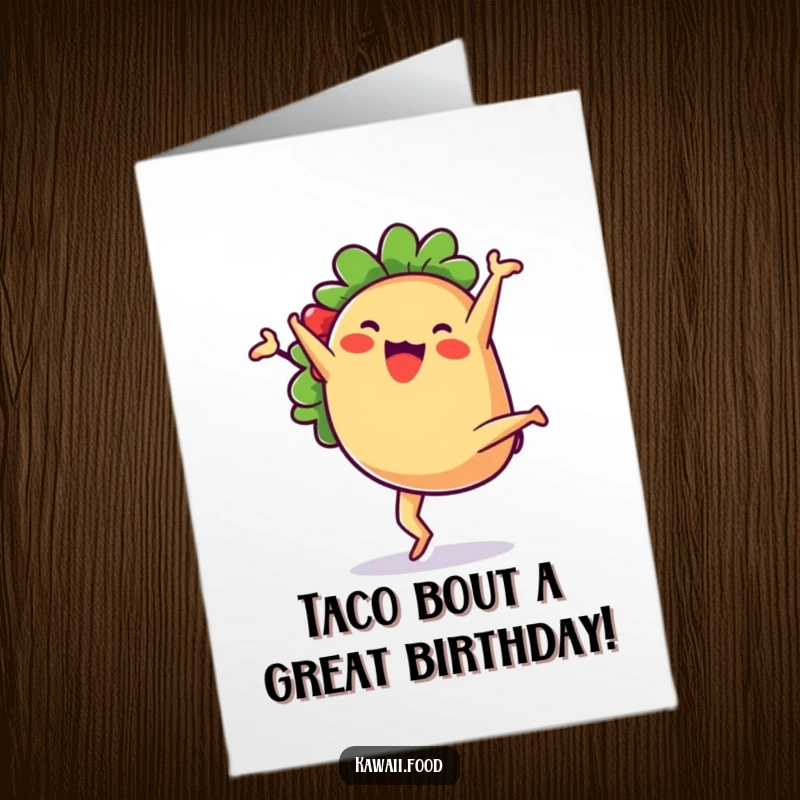 Funny Free Printable Birthday Card of a happy taco doing a joyful cartwheel, celebrating with festive energy.
