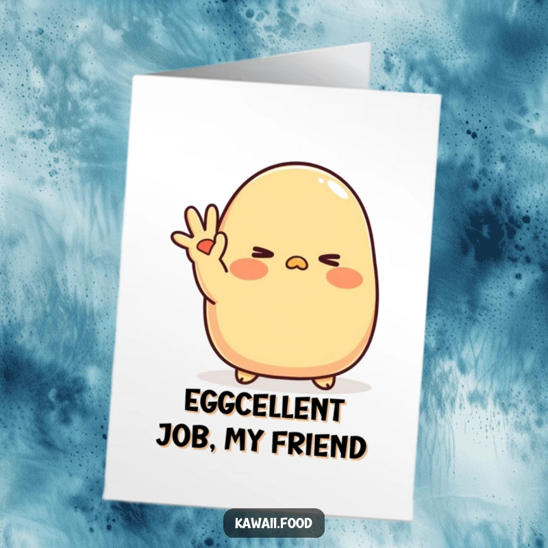 Funny free printable congratulations card with a blushing tamagoyaki character giving a shy wink and wave.