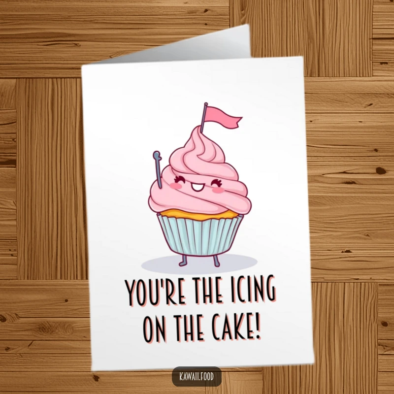 Funny Free Printable Congratulations Card: A happy cupcake with legs waves a flag from a frosting peak, celebrating your success.