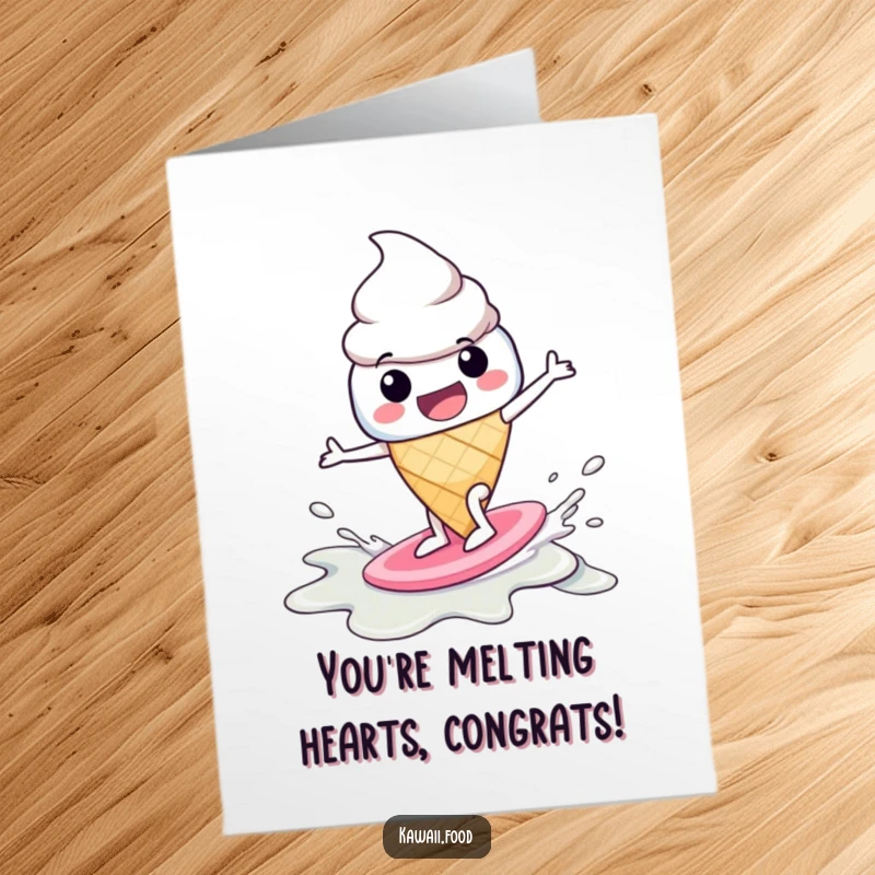 Funny Free Printable Congrats Card: A jolly ice cream cone character triumphantly surfing on a melting puddle, celebrating success.