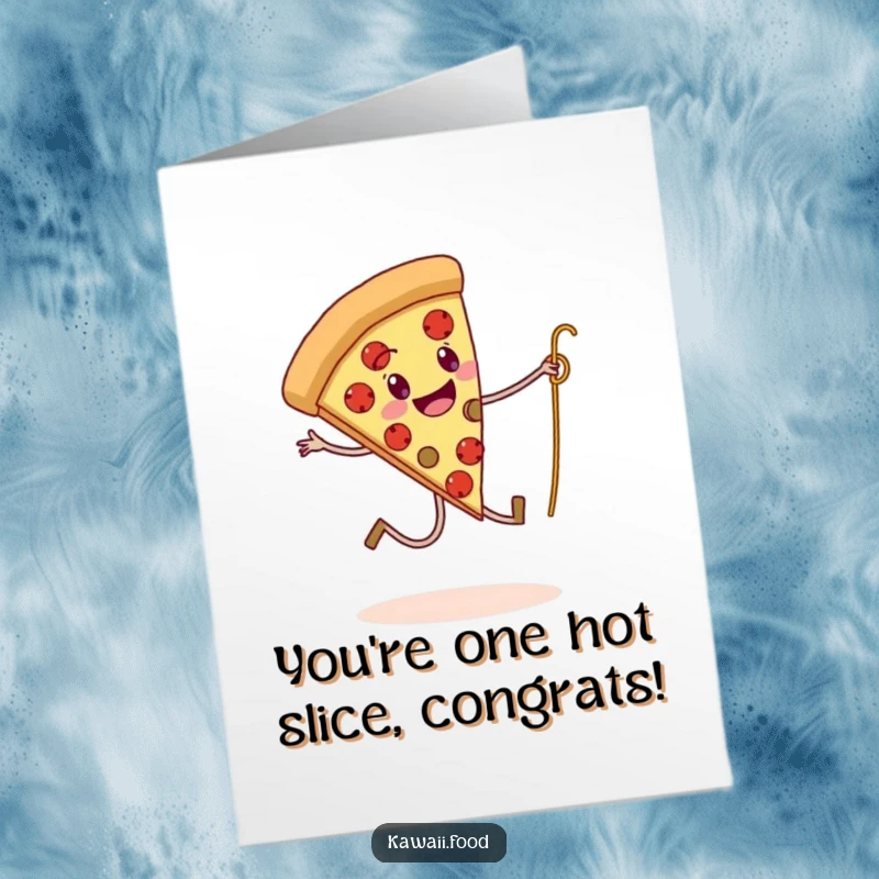 Funny Free Printable Congratulations Card: A pizza slice with legs skips rope with a spaghetti strand, celebrating your achievement.