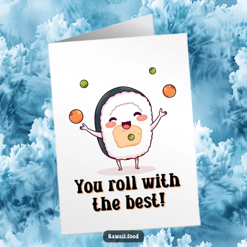 Funny Free Printable Congratulations Card: A cute sushi character skillfully juggles wasabi balls, signifying a successful feat.