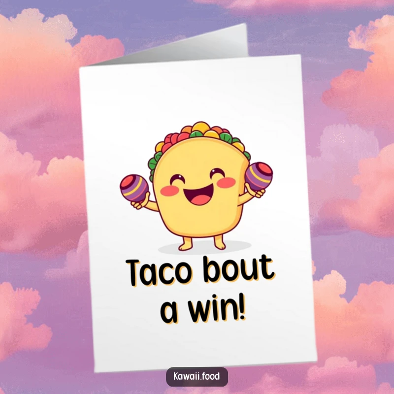 Funny free printable congratulations card: A smiling taco shaking tiny maracas, a cheerful and festive congratulatory message.