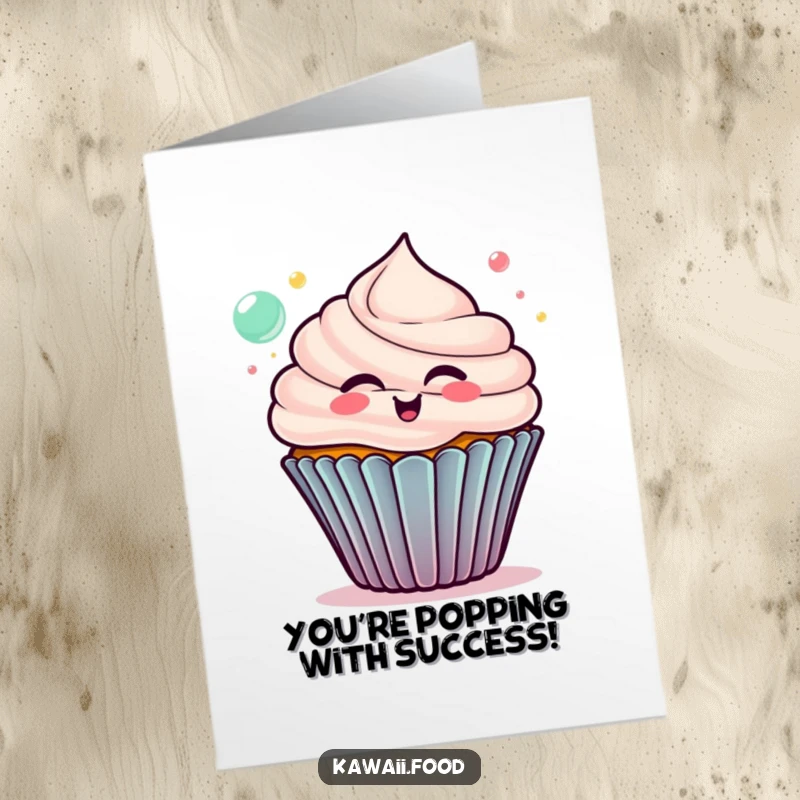 Funny Free Printable Congratulations Card: Delighted cupcake blowing colorful bubbles, celebrating a bubbly success.