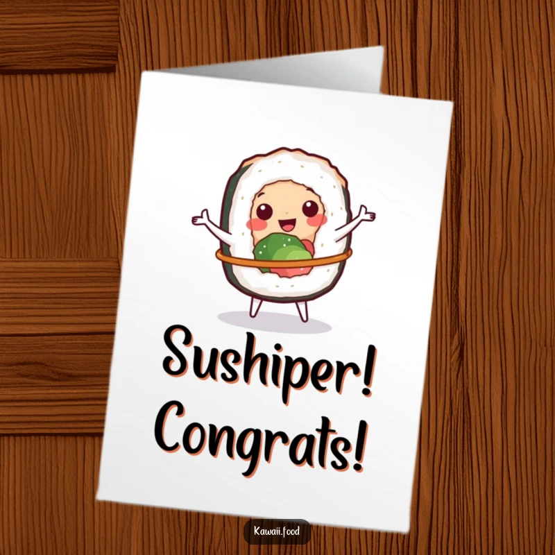 Funny Free Printable Congratulations Card: Cheerful sushi roll character expertly spins a small hula hoop, a skillful celebration.