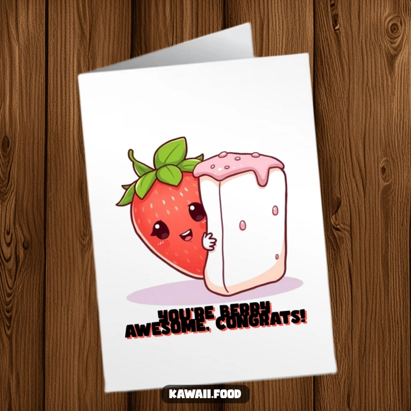 Funny Free Printable Congratulations Card: Curious strawberry character wearing a leaf hat peeking shyly from behind a large sugar cube.