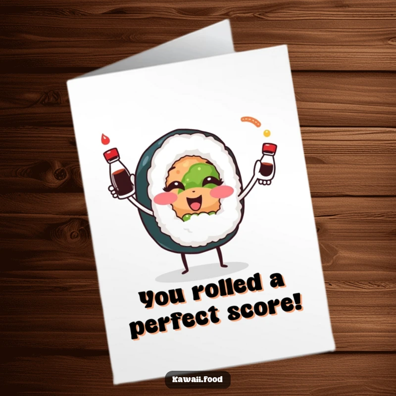 Funny Free Printable Congratulations Card of a sushi roll playfully juggling soy sauce bottles, celebrating great achievements.