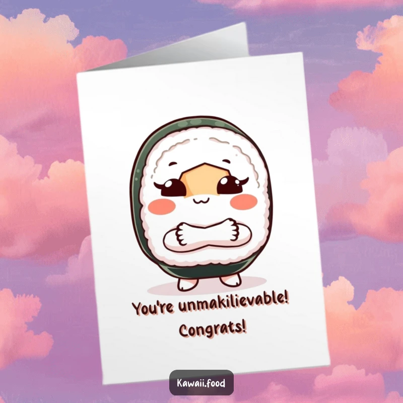 Funny Free Printable Congratulations Card: A sushi roll with crossed arms, making a playful shoo gesture to celebrate success.