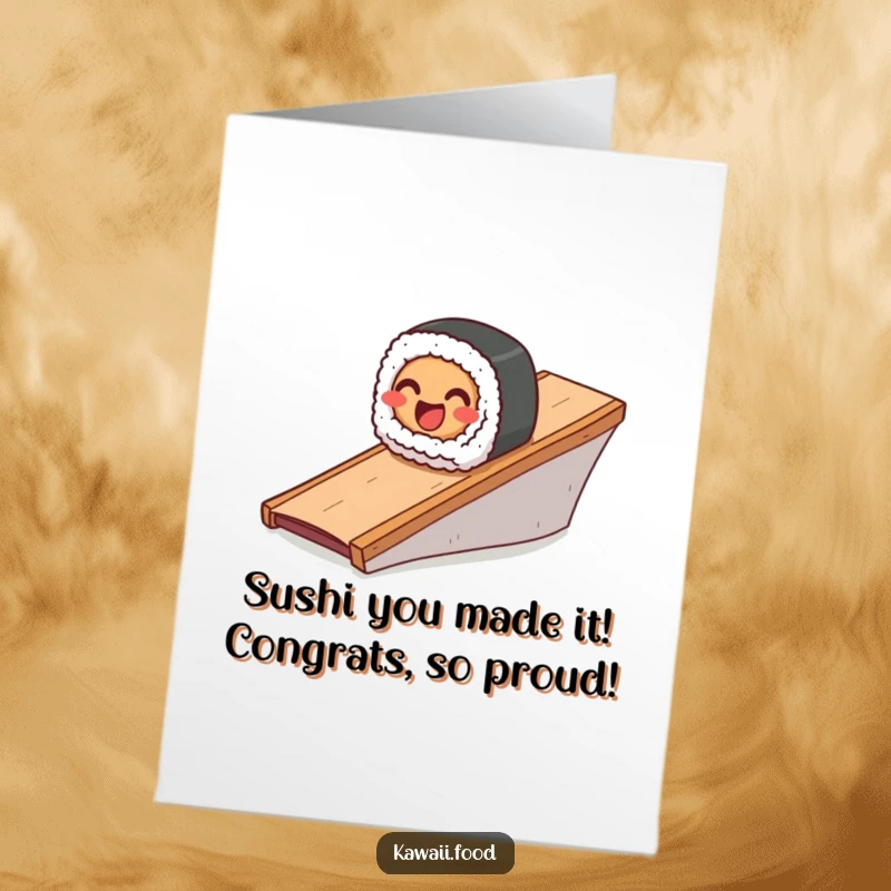 Funny free printable congratulations card showing a happy sushi roll sliding down a ramp, celebrating a win.