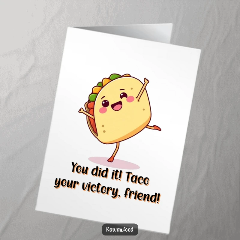 Funny free printable congratulations card showing a taco with legs joyfully doing a cartwheel to celebrate success.