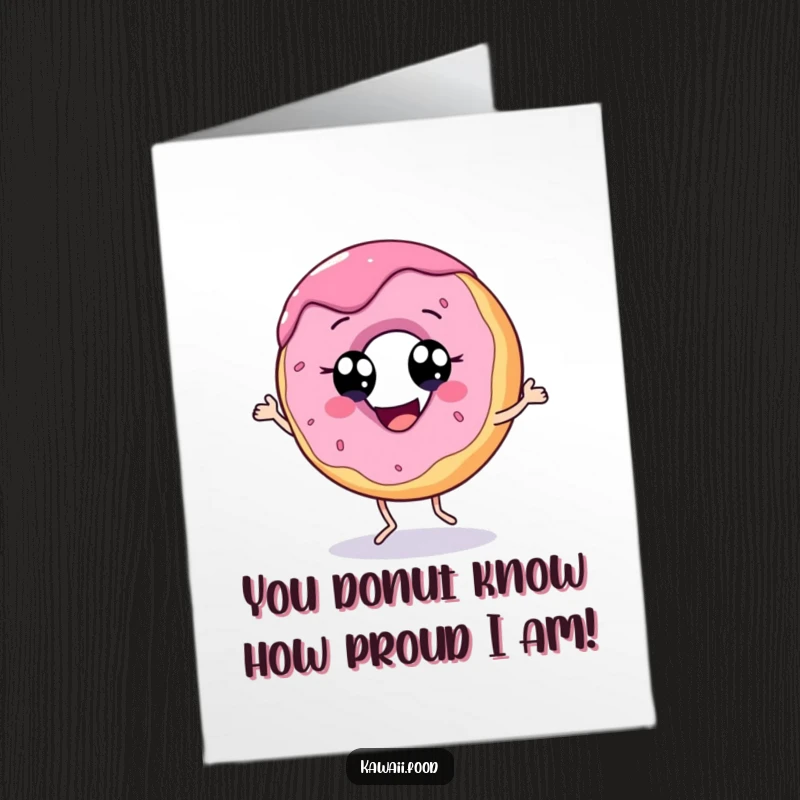 Funny free printable congratulations card showing a happy donut with eyes dancing playfully to celebrate.