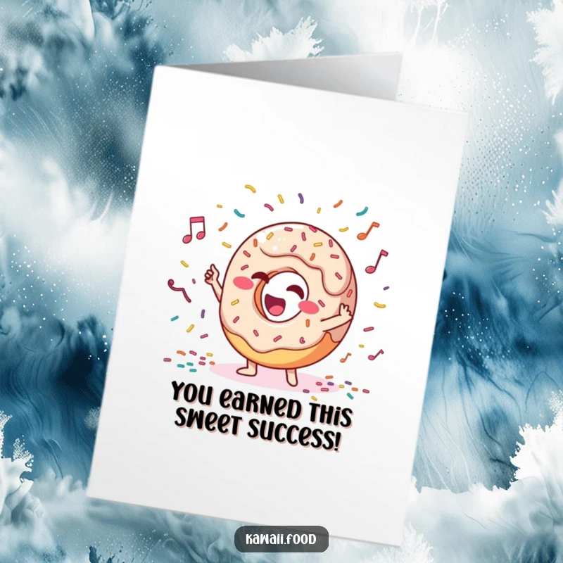 Funny Free Printable Congrats Card: Giggling donut character conducting, celebrating success with a sprinkle orchestra.