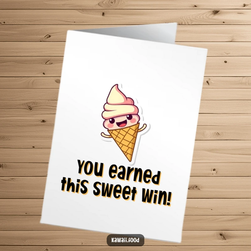 Funny Free Printable Congratulations Card: A cheerful ice cream cone character spinning with excitement.