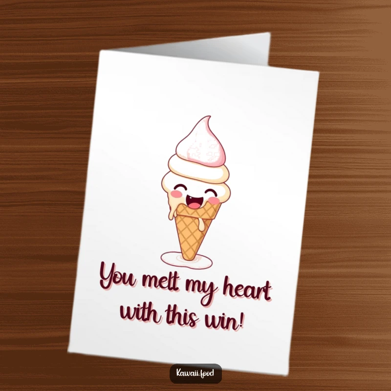 Funny free printable congratulations card showing a giggling ice cream cone melting and reforming, celebrating success.
