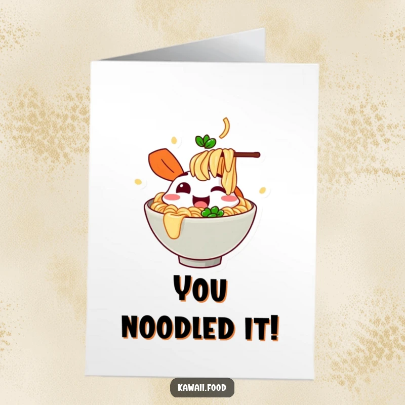 Funny free printable congratulations card: A cheerful ramen bowl character with eyes closed, happily slurping imaginary noodles.