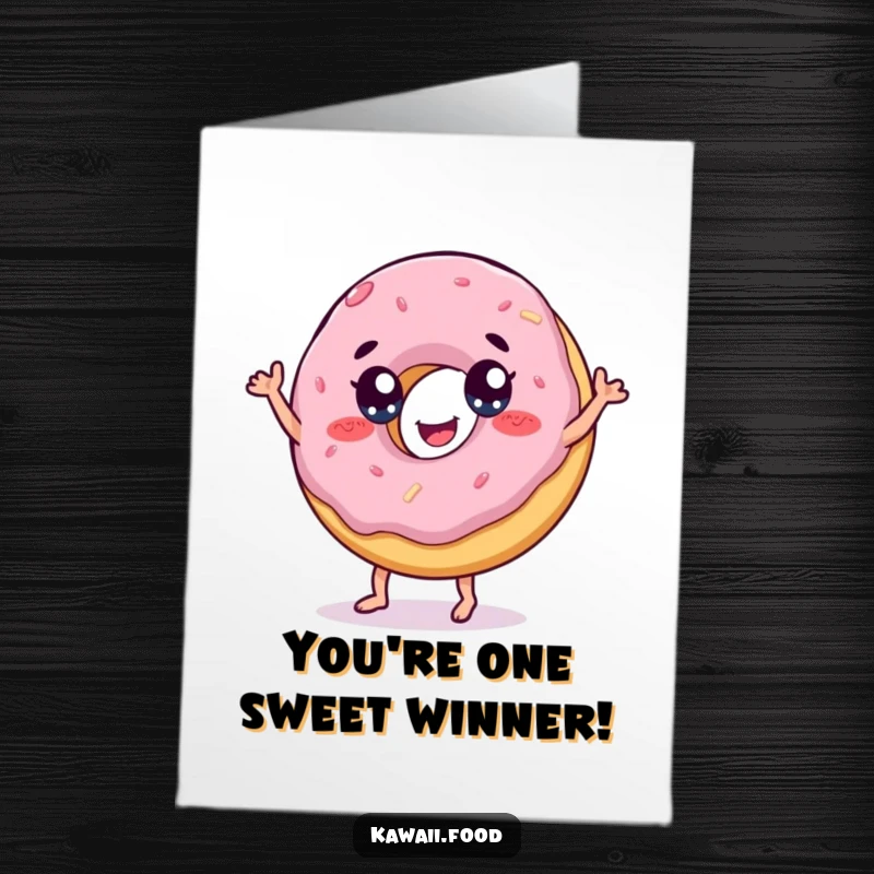 Funny Free Printable Congratulations Card: A cheerful donut with eyes is captured mid-dance, celebrating a fantastic accomplishment.