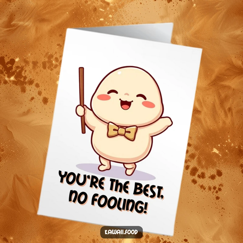 Funny Free Printable Congratulations Card: Happy dumpling character wearing a bow tie waltzing playfully with a chopstick.