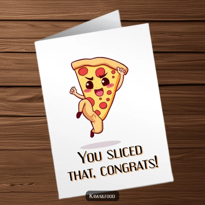 Funny Free Printable Pizza Congratulations Card showing a determined slice doing a high kick.