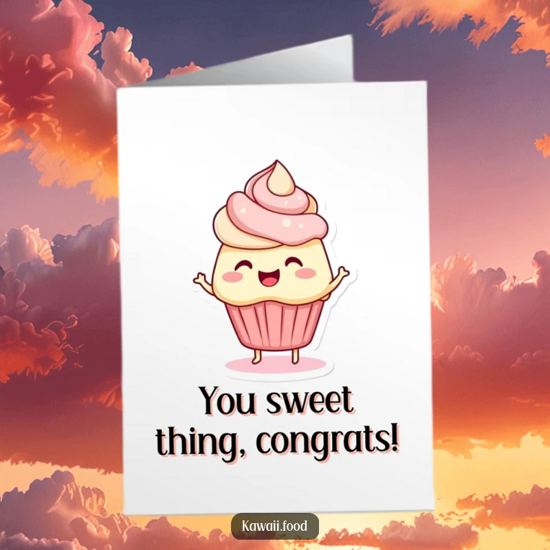 Funny Free Printable Congratulations Card: A bouncy cupcake character celebrating with a happy wiggle.