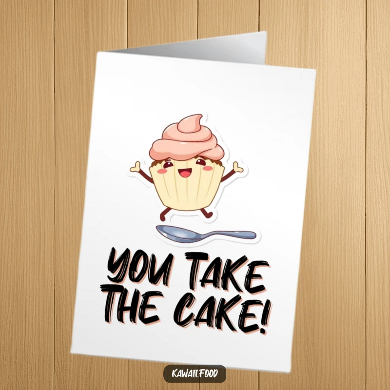 Funny Free Printable Congratulations Card: A happy cupcake with legs performing an energetic leap over a small spoon, a sweet success.