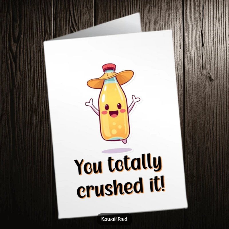 Funny Free Printable Congratulations card showcasing a jubilant soda bottle character in a straw hat, celebrating a big win.