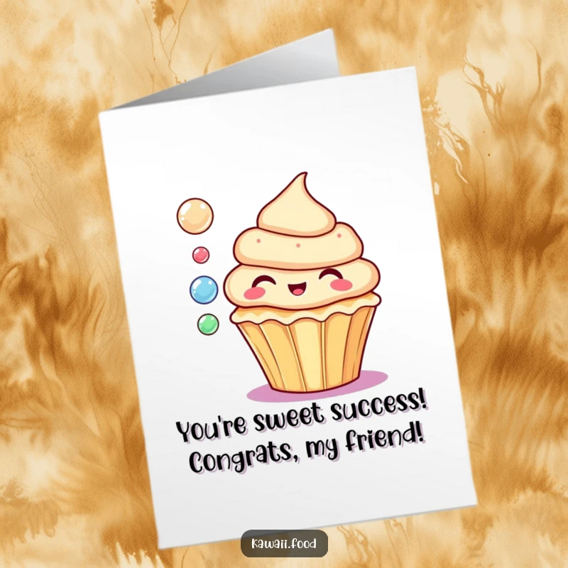 Funny free printable congratulations card showing a delighted cupcake blowing colorful bubbles to celebrate.