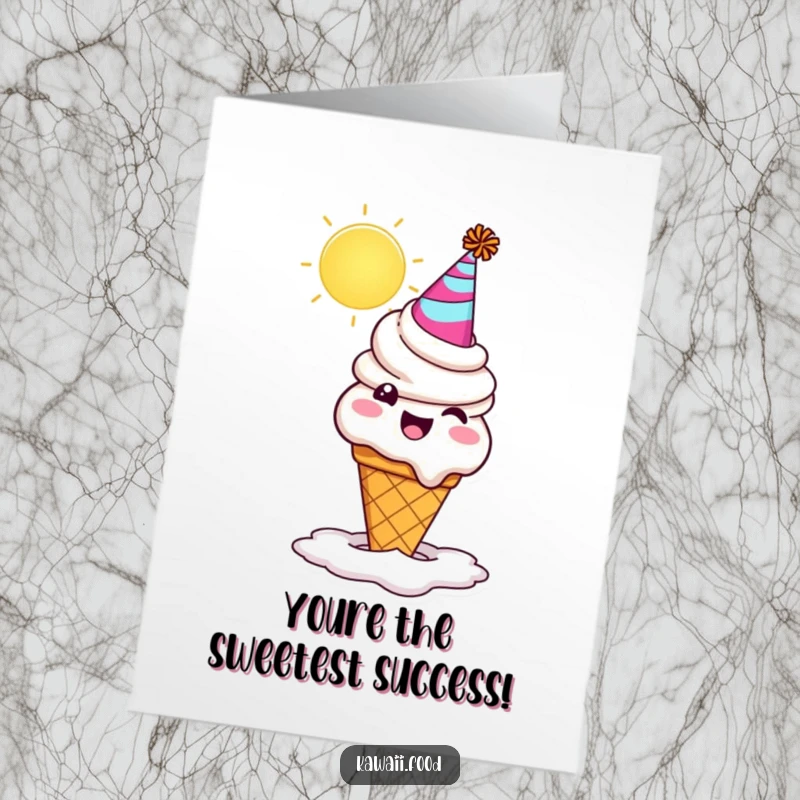 Funny free printable congratulations card featuring a happy, melting ice cream cone in a party hat, celebrating under a bright sun.