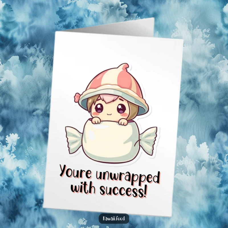 Playful free printable congratulations card of a candy character wearing a wrapper hat popping out.