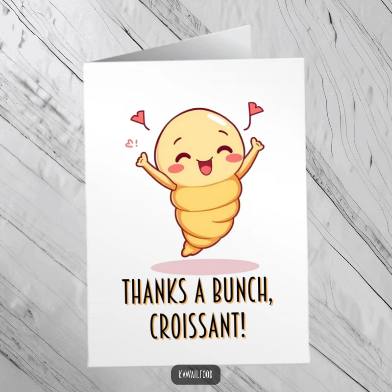Funny Free Printable Croissant Thank You Card featuring a curious croissant jumping joyfully.