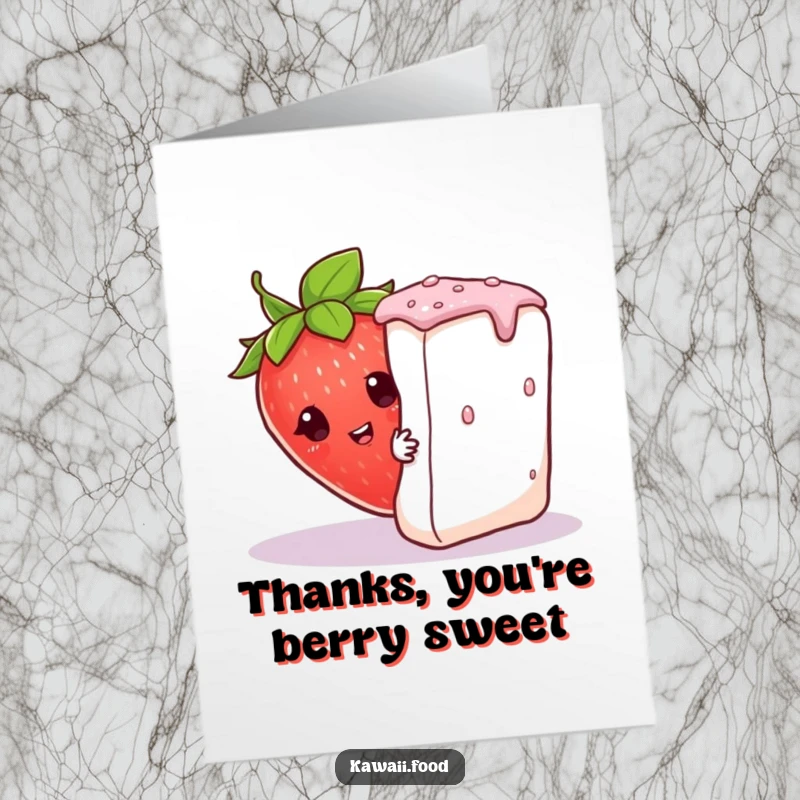Funny Free Printable Thank You Card: Curious strawberry character in a leaf hat peeking from behind a giant sugar cube.