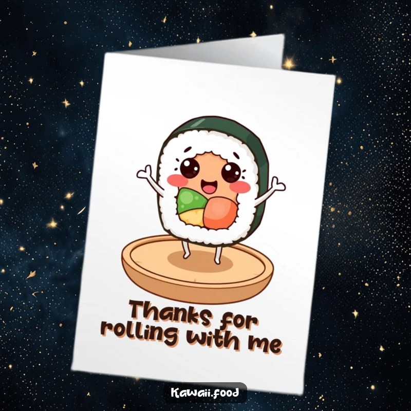 Funny Free Printable Thank You Card: Cheerful sushi roll character doing a happy dance on a wooden plate.