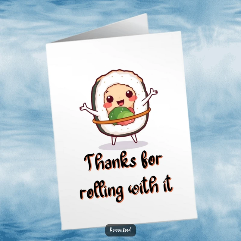Funny Free Printable Thank You Card: Cheerful sushi roll character spins a tiny hula hoop, a playful gesture of thanks.