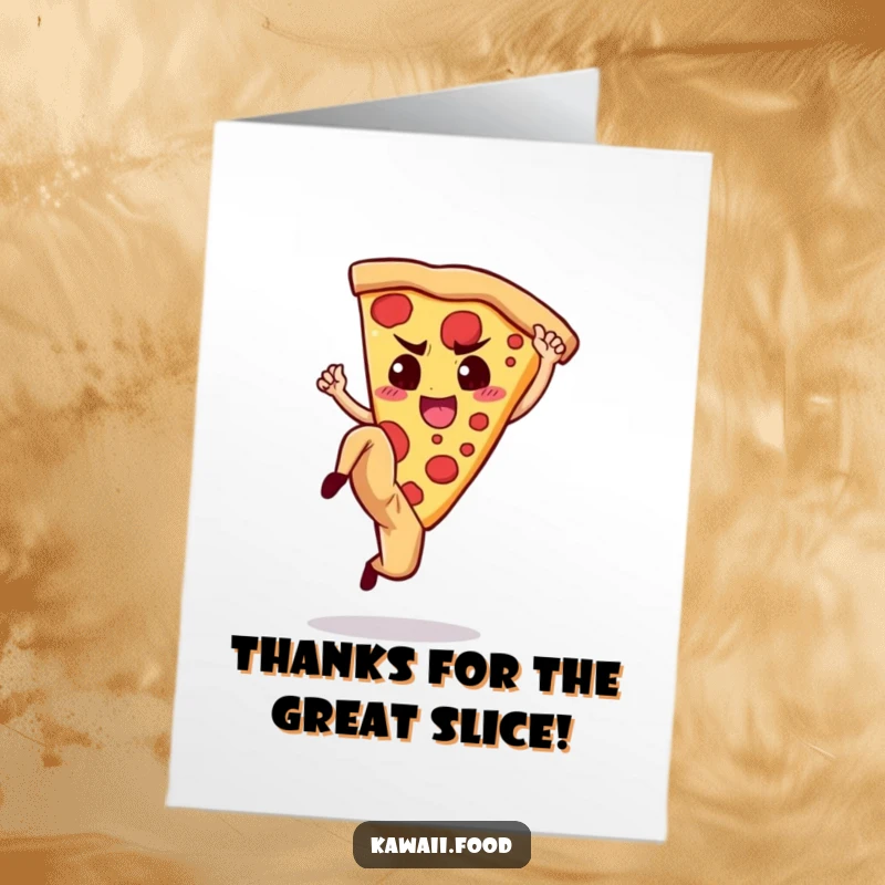 Funny Free Printable Pizza Thank You Card with a determined slice performing an energetic high kick.