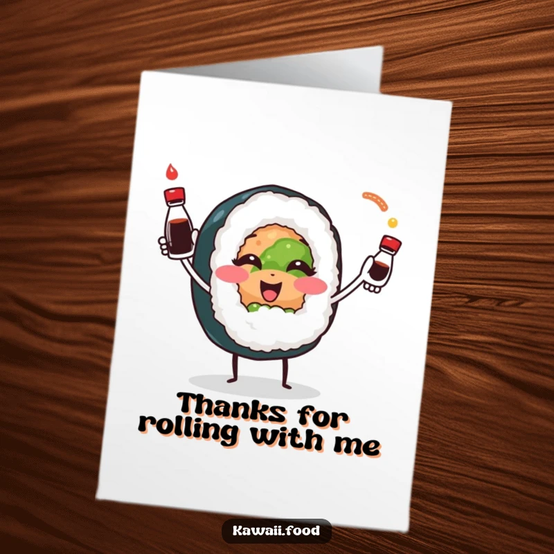Funny Free Printable Thank You Card with a sushi roll juggling soy sauce bottles, expressing thanks with playful flair.