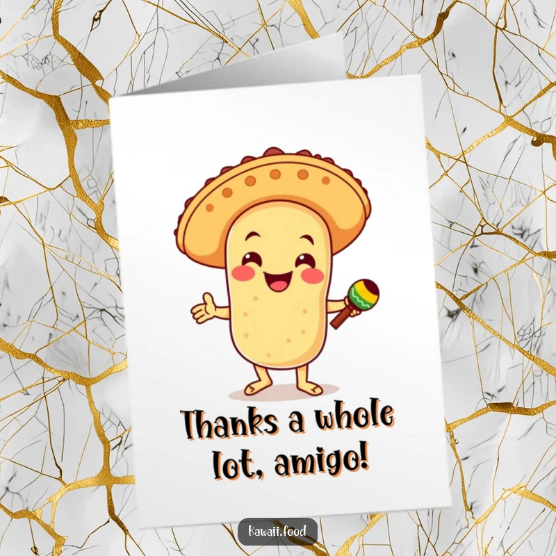 Funny Free Printable Thank You Card: A smiling taco in a sombrero, dancing with maracas, offering thanks with a festive flair.