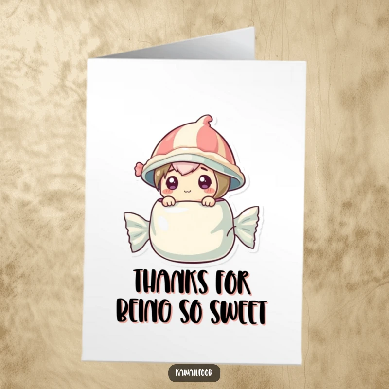 Sweet free printable thank you card of a candy character in a wrapper hat popping out.