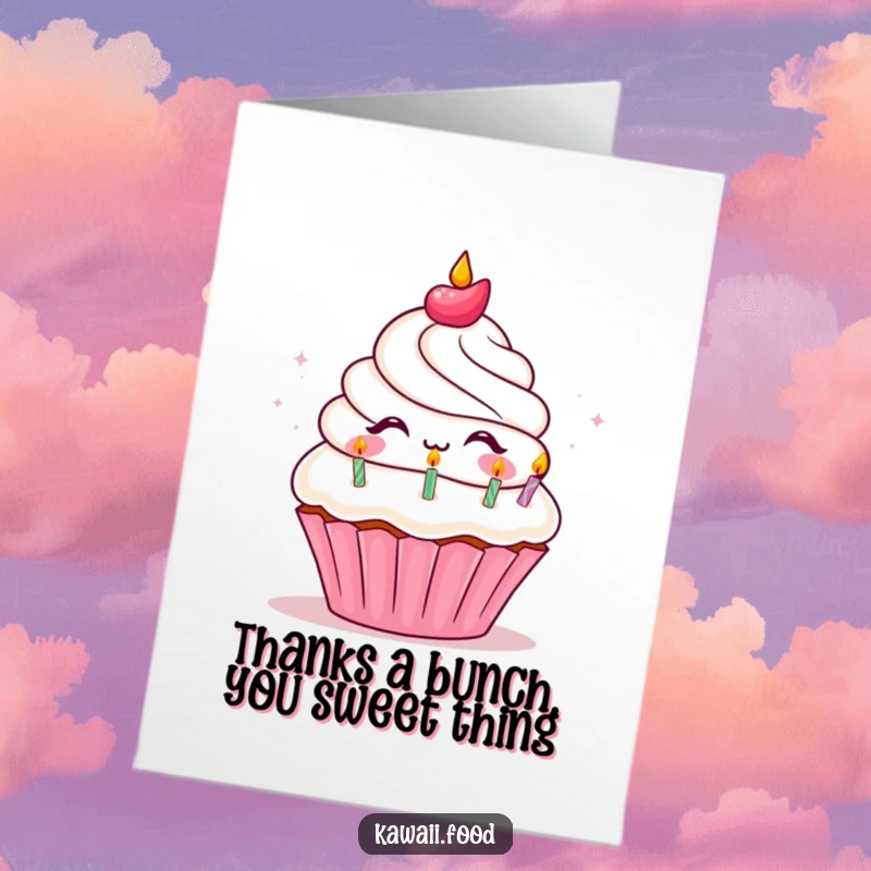 Funny Free Printable Thank You Card featuring a cheerful cupcake character conveying sincere thanks with a smile.