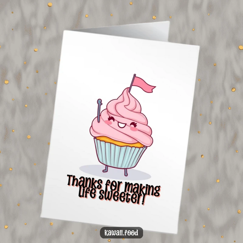 Funny Free Printable Thank You Card: A happy cupcake with legs waves a tiny flag from a frosting mountain, saying thanks.