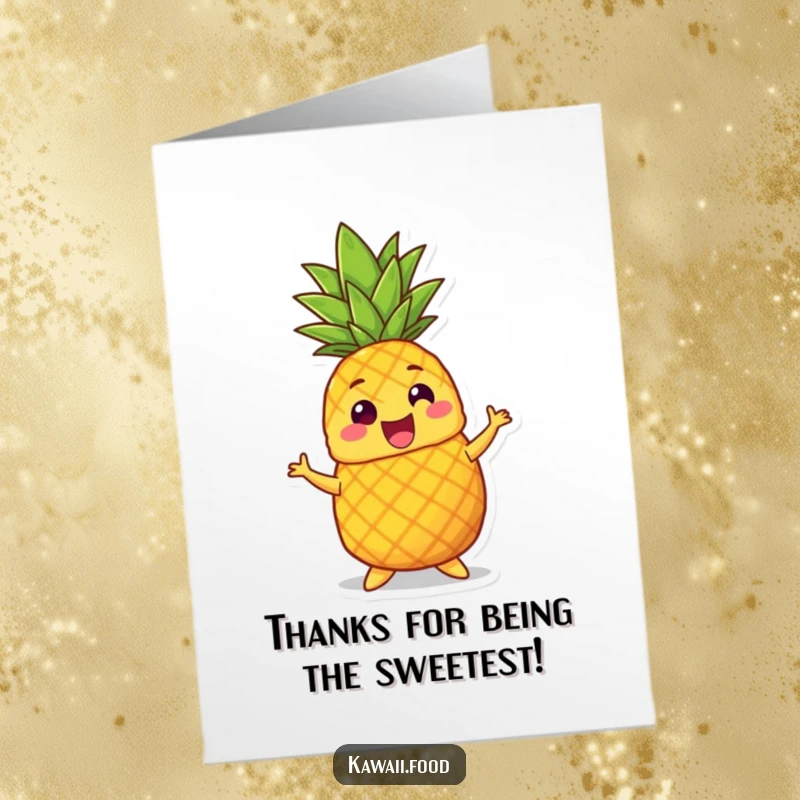 Funny Free Printable Thank You Card: A smiling pineapple character doing a silly dance with its crown wiggling, expressing thanks.