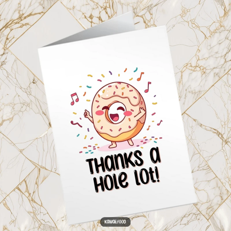 Funny Free Printable Thank You Card: Giggling donut conductor leading a sprinkle orchestra, expressing sincere thanks.
