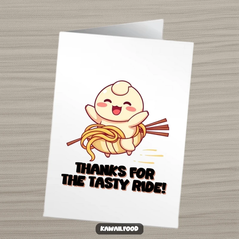 Funny Free Printable Thank You Card: A happy dumpling character excitedly riding a runaway noodle, expressing thanks.