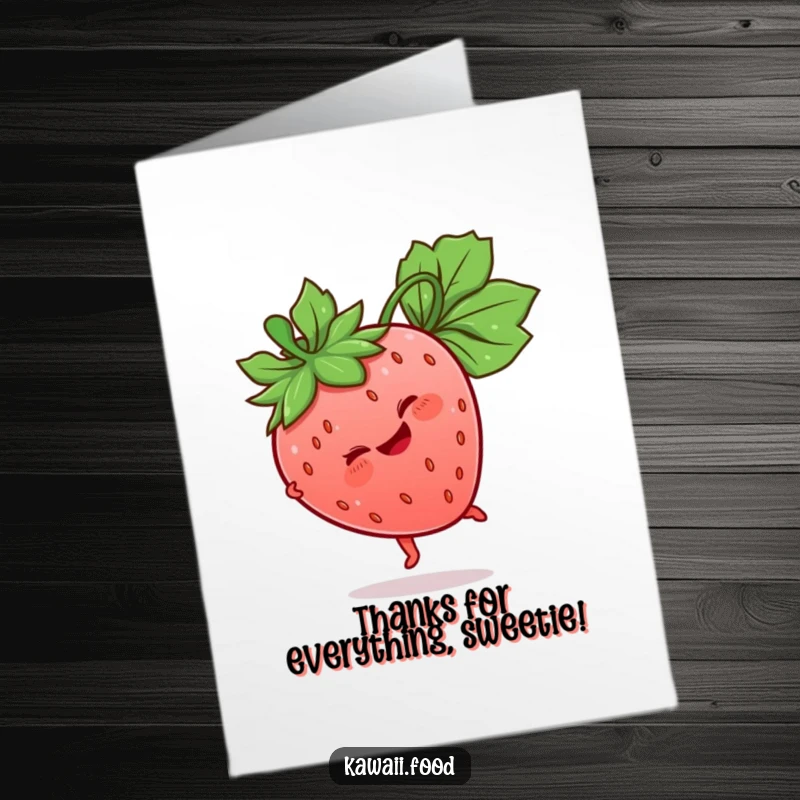 Funny Free Printable Thank You Card: Giggling strawberry doing a cartwheel, offering thanks with a delightful fruity bounce.