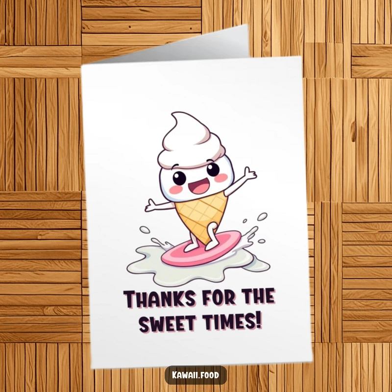Funny Free Printable Thank You Card: A happy ice cream cone character surfing a melting puddle, expressing sweet thanks.