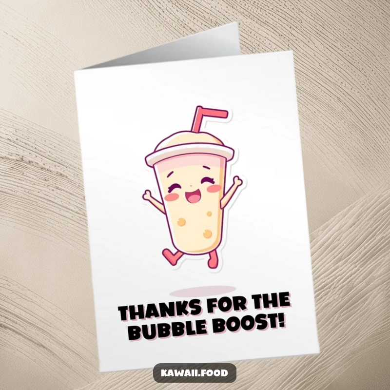 Funny Free Printable Thank You Card: A bubble tea character mid-jump, sending thanks with a joyful expression.