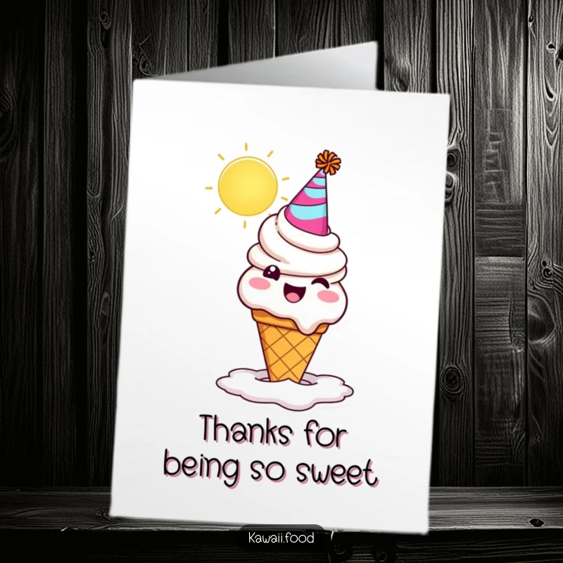 Funny free printable thank you card of a happy ice cream cone melting comically under the sun while wearing a party hat.