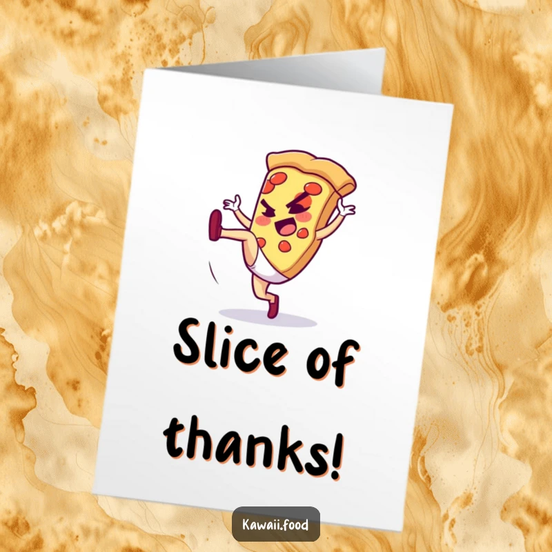 Funny Free Printable Thank You Card: A Determined Pizza Slice Character Mid-High Kick, Ready to Impress