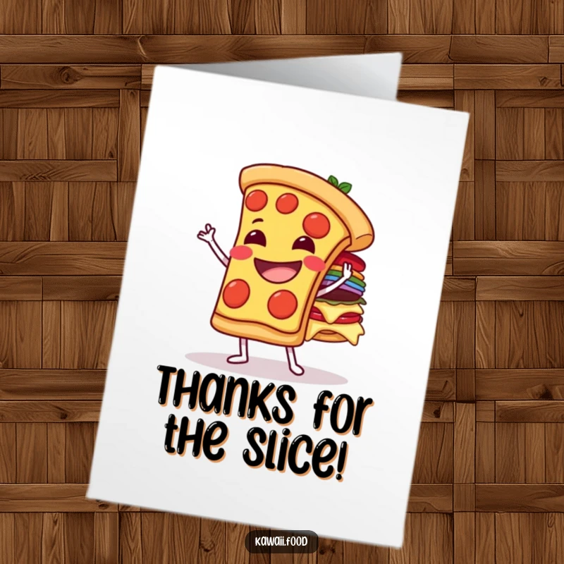 Funny free printable thank you card: A grinning pizza slice character juggling various toppings, a humorous thank you.