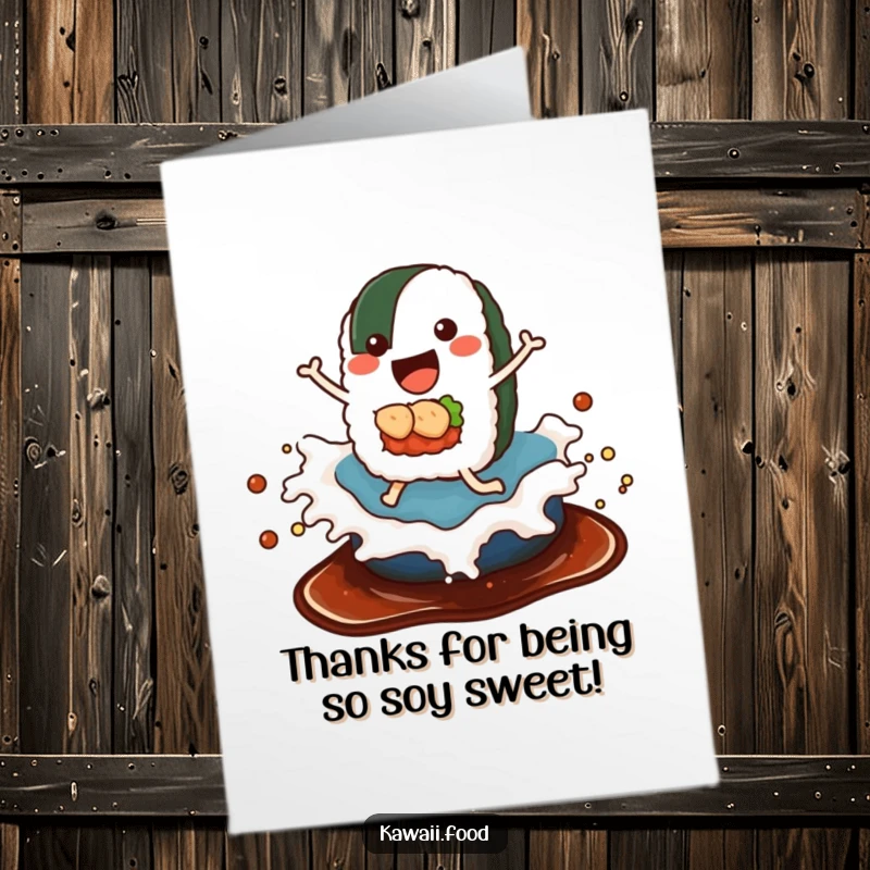 Funny Free Printable Thank You Card: A sushi roll with legs joyfully surfs a soy sauce wave, saying thanks.