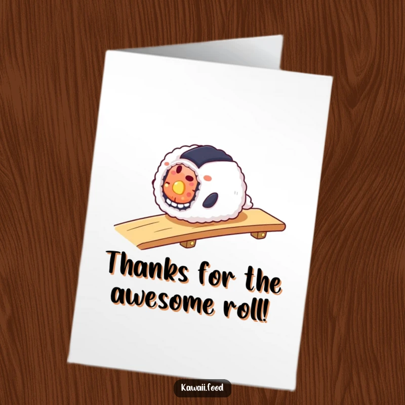 Funny Free Printable Thank You Card: A smiling sushi roll slides down a ramp, a fun and quirky thank you.
